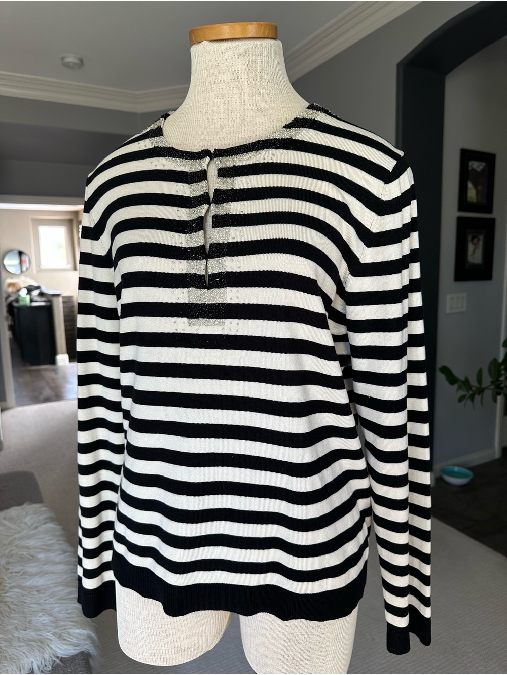 Talbots Striped Long-Sleeve Keyhole Top Silk Blend Black & White size large